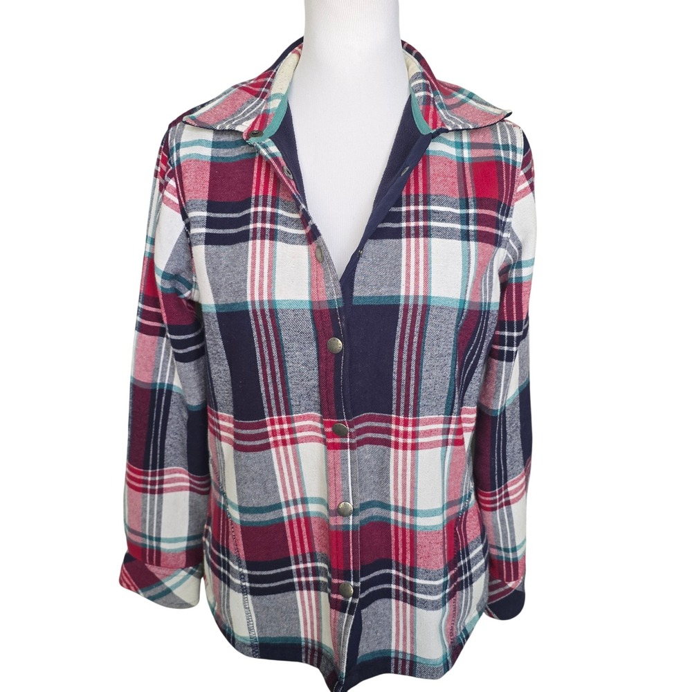 Orvis Womens Fleece Lined Flannel Shirt Jacket Red Navy Plaid Snap Front Small